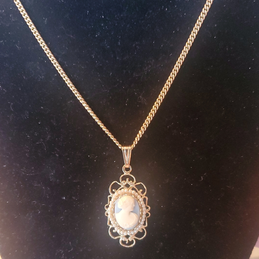 Elegant Gold Tone Blue Cameo 15" Pendant Necklace